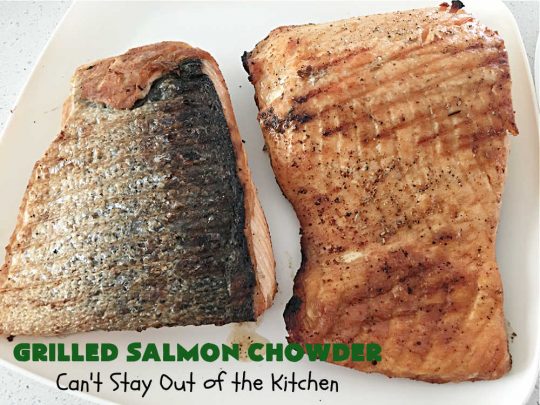 Grilled Salmon Chowder | Can't Stay Out of the Kitchen | this is one of the best #seafood #chowder #recipes ever! It includes chunks of #GrilledSalmon, #potatoes, #carrots, #corn, #peas & #leeks. #OldBaySeasoning gives it great flavor. It's thick, hearty, satisfying and comforting for any weeknight meal. #bacon #pork #salmon #fish #chives #GrilledSalmonChowder
