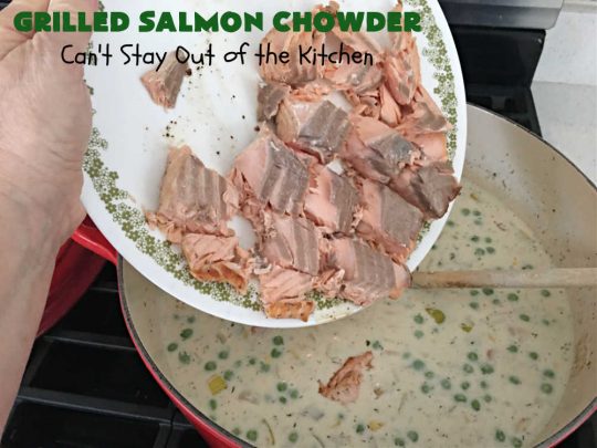 Grilled Salmon Chowder | Can't Stay Out of the Kitchen | this is one of the best #seafood #chowder #recipes ever! It includes chunks of #GrilledSalmon, #potatoes, #carrots, #corn, #peas & #leeks. #OldBaySeasoning gives it great flavor. It's thick, hearty, satisfying and comforting for any weeknight meal. #bacon #pork #salmon #fish #chives #GrilledSalmonChowder
