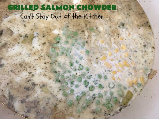 Grilled Salmon Chowder | Can't Stay Out of the Kitchen | this is one of the best #seafood #chowder #recipes ever! It includes chunks of #GrilledSalmon, #potatoes, #carrots, #corn, #peas & #leeks. #OldBaySeasoning gives it great flavor. It's thick, hearty, satisfying and comforting for any weeknight meal. #bacon #pork #salmon #fish #chives #GrilledSalmonChowder