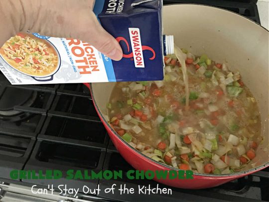 Grilled Salmon Chowder | Can't Stay Out of the Kitchen | this is one of the best #seafood #chowder #recipes ever! It includes chunks of #GrilledSalmon, #potatoes, #carrots, #corn, #peas & #leeks. #OldBaySeasoning gives it great flavor. It's thick, hearty, satisfying and comforting for any weeknight meal. #bacon #pork #salmon #fish #chives #GrilledSalmonChowder