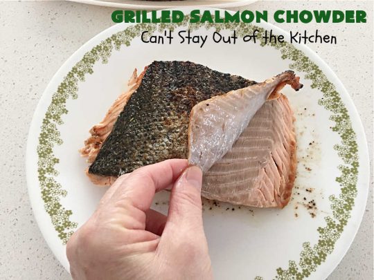 Grilled Salmon Chowder | Can't Stay Out of the Kitchen | this is one of the best #seafood #chowder #recipes ever! It includes chunks of #GrilledSalmon, #potatoes, #carrots, #corn, #peas & #leeks. #OldBaySeasoning gives it great flavor. It's thick, hearty, satisfying and comforting for any weeknight meal. #bacon #pork #salmon #fish #chives #GrilledSalmonChowder