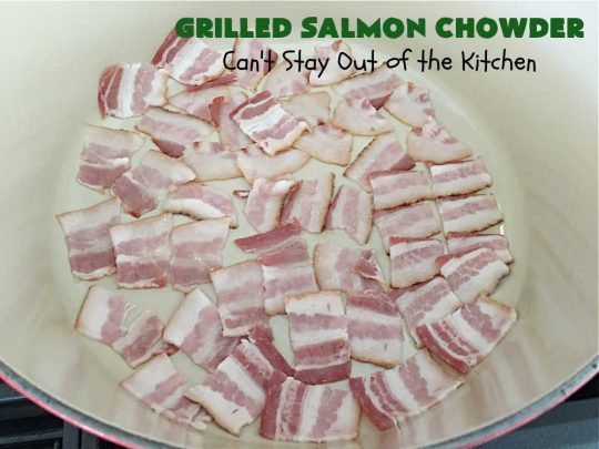 Grilled Salmon Chowder | Can't Stay Out of the Kitchen | this is one of the best #seafood #chowder #recipes ever! It includes chunks of #GrilledSalmon, #potatoes, #carrots, #corn, #peas & #leeks. #OldBaySeasoning gives it great flavor. It's thick, hearty, satisfying and comforting for any weeknight meal. #bacon #pork #salmon #fish #chives #GrilledSalmonChowder