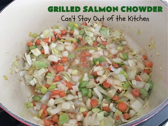 Grilled Salmon Chowder | Can't Stay Out of the Kitchen | this is one of the best #seafood #chowder #recipes ever! It includes chunks of #GrilledSalmon, #potatoes, #carrots, #corn, #peas & #leeks. #OldBaySeasoning gives it great flavor. It's thick, hearty, satisfying and comforting for any weeknight meal. #bacon #pork #salmon #fish #chives #GrilledSalmonChowder