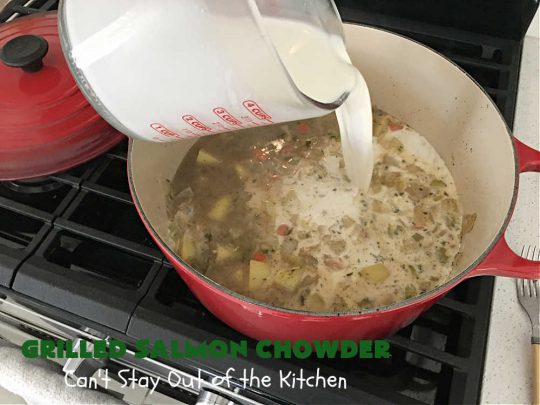 Grilled Salmon Chowder | Can't Stay Out of the Kitchen | this is one of the best #seafood #chowder #recipes ever! It includes chunks of #GrilledSalmon, #potatoes, #carrots, #corn, #peas & #leeks. #OldBaySeasoning gives it great flavor. It's thick, hearty, satisfying and comforting for any weeknight meal. #bacon #pork #salmon #fish #chives #GrilledSalmonChowder
