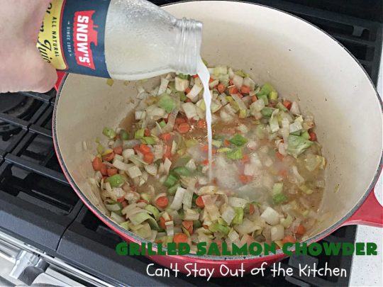 Grilled Salmon Chowder | Can't Stay Out of the Kitchen | this is one of the best #seafood #chowder #recipes ever! It includes chunks of #GrilledSalmon, #potatoes, #carrots, #corn, #peas & #leeks. #OldBaySeasoning gives it great flavor. It's thick, hearty, satisfying and comforting for any weeknight meal. #bacon #pork #salmon #fish #chives #GrilledSalmonChowder