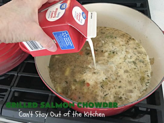 Grilled Salmon Chowder | Can't Stay Out of the Kitchen | this is one of the best #seafood #chowder #recipes ever! It includes chunks of #GrilledSalmon, #potatoes, #carrots, #corn, #peas & #leeks. #OldBaySeasoning gives it great flavor. It's thick, hearty, satisfying and comforting for any weeknight meal. #bacon #pork #salmon #fish #chives #GrilledSalmonChowder