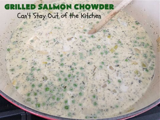 Grilled Salmon Chowder | Can't Stay Out of the Kitchen | this is one of the best #seafood #chowder #recipes ever! It includes chunks of #GrilledSalmon, #potatoes, #carrots, #corn, #peas & #leeks. #OldBaySeasoning gives it great flavor. It's thick, hearty, satisfying and comforting for any weeknight meal. #bacon #pork #salmon #fish #chives #GrilledSalmonChowder