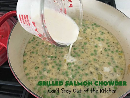 Grilled Salmon Chowder | Can't Stay Out of the Kitchen | this is one of the best #seafood #chowder #recipes ever! It includes chunks of #GrilledSalmon, #potatoes, #carrots, #corn, #peas & #leeks. #OldBaySeasoning gives it great flavor. It's thick, hearty, satisfying and comforting for any weeknight meal. #bacon #pork #salmon #fish #chives #GrilledSalmonChowderGrilled Salmon Chowder | Can't Stay Out of the Kitchen | this is one of the best #seafood #chowder #recipes ever! It includes chunks of #GrilledSalmon, #potatoes, #carrots, #corn, #peas & #leeks. #OldBaySeasoning gives it great flavor. It's thick, hearty, satisfying and comforting for any weeknight meal. #bacon #pork #salmon #fish #chives #GrilledSalmonChowder
