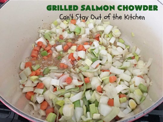 Grilled Salmon Chowder | Can't Stay Out of the Kitchen | this is one of the best #seafood #chowder #recipes ever! It includes chunks of #GrilledSalmon, #potatoes, #carrots, #corn, #peas & #leeks. #OldBaySeasoning gives it great flavor. It's thick, hearty, satisfying and comforting for any weeknight meal. #bacon #pork #salmon #fish #chives #GrilledSalmonChowder