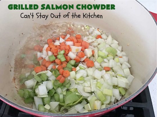 Grilled Salmon Chowder | Can't Stay Out of the Kitchen | this is one of the best #seafood #chowder #recipes ever! It includes chunks of #GrilledSalmon, #potatoes, #carrots, #corn, #peas & #leeks. #OldBaySeasoning gives it great flavor. It's thick, hearty, satisfying and comforting for any weeknight meal. #bacon #pork #salmon #fish #chives #GrilledSalmonChowder