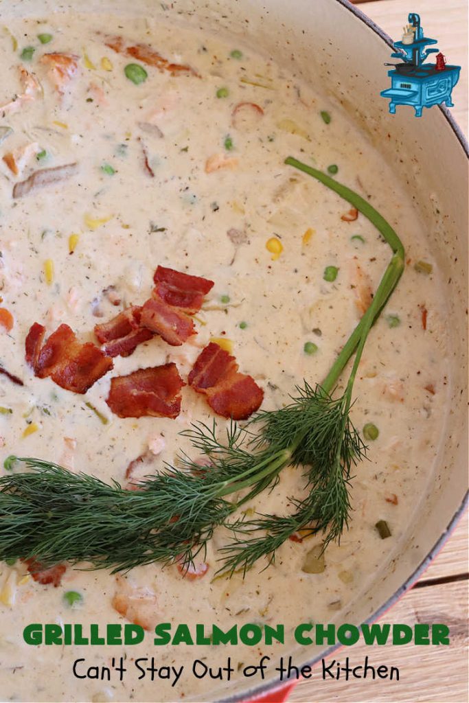 Grilled Salmon Chowder | Can't Stay Out of the Kitchen | this is one of the best #seafood #chowder #recipes ever! It includes chunks of #GrilledSalmon, #potatoes, #carrots, #corn, #peas & #leeks. #OldBaySeasoning gives it great flavor. It's thick, hearty, satisfying and comforting for any weeknight meal. #bacon #pork #salmon #fish #chives #GrilledSalmonChowder