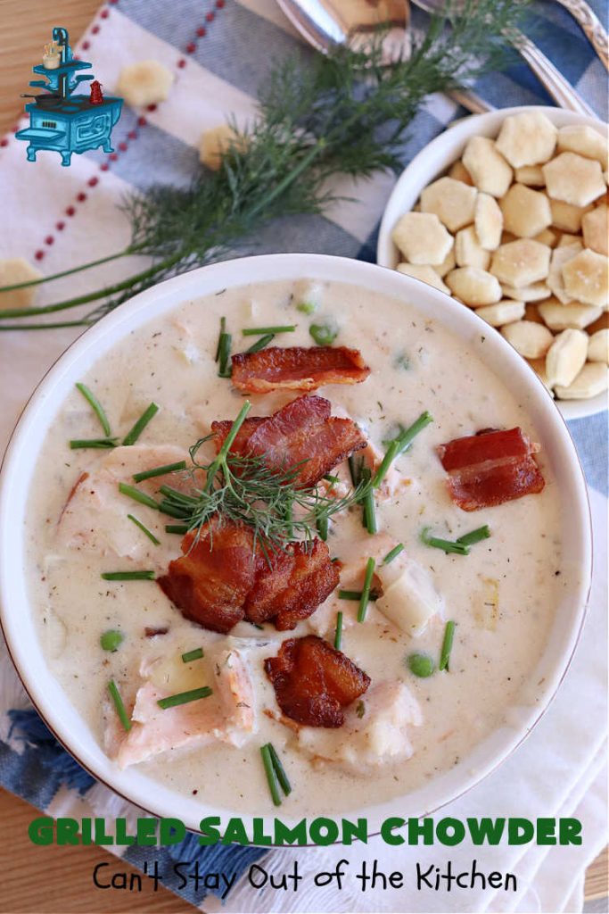 Grilled Salmon Chowder | Can't Stay Out of the Kitchen | this is one of the best #seafood #chowder #recipes ever! It includes chunks of #GrilledSalmon, #potatoes, #carrots, #corn, #peas & #leeks. #OldBaySeasoning gives it great flavor. It's thick, hearty, satisfying and comforting for any weeknight meal. #bacon #pork #salmon #fish #chives #GrilledSalmonChowder