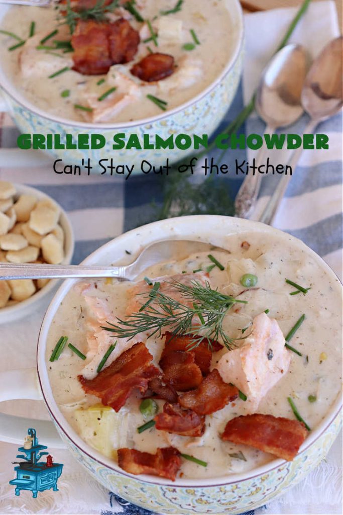 Grilled Salmon Chowder | Can't Stay Out of the Kitchen | this is one of the best #seafood #chowder #recipes ever! It includes chunks of #GrilledSalmon, #potatoes, #carrots, #corn, #peas & #leeks. #OldBaySeasoning gives it great flavor. It's thick, hearty, satisfying and comforting for any weeknight meal. #bacon #pork #salmon #fish #chives #GrilledSalmonChowder