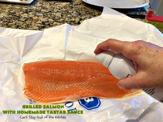 Grilled Salmon with Homemade Tartar Sauce | Can't Stay Out of the Kitchen | this sumptuous #seafood entree is so, so easy! It's also the only way I eat #salmon! It's the perfect weeknight dinner because it only takes about 20 minutes! Healthy & #glutenfree.