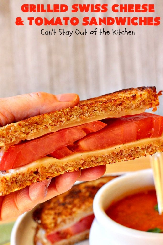 Grilled Swiss Cheese and Tomato Sandwiches | Can't Stay Out of the Kitchen | these fantastic #GrilledCheese #sandwiches are made with #SwissCheese & #tomatoes. They're always highly requested by others. Every bite is hearty, filling & totally satisfying. Great for #tailgating parties too. #GrilledCheeseSandwiches #GrilledSwissCheeseAndTomatoSandwiches