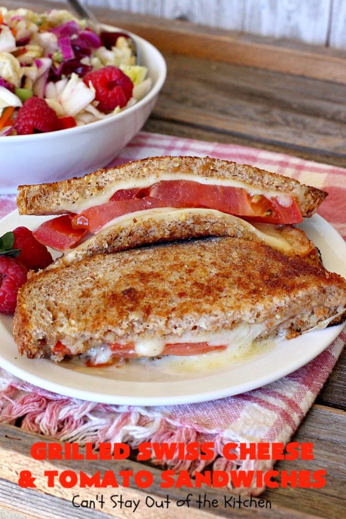 Grilled Swiss Cheese and Tomato Sandwiches | Can't Stay Out of the Kitchen | these fantastic #GrilledCheese #sandwiches are made with #SwissCheese & #tomatoes. They're always highly requested by others. Every bite is hearty, filling & totally satisfying. Great for #tailgating parties too. #GrilledCheeseSandwiches #GrilledSwissCheeseAndTomatoSandwiches