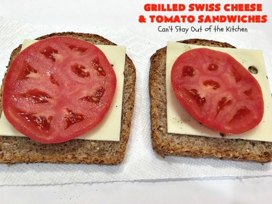Grilled Swiss Cheese and Tomato Sandwiches | Can't Stay Out of the Kitchen | these fantastic #GrilledCheese #sandwiches are made with #SwissCheese & #tomatoes. They're always highly requested by others. Every bite is hearty, filling & totally satisfying. Great for #tailgating parties too. #GrilledCheeseSandwiches #GrilledSwissCheeseAndTomatoSandwiches
