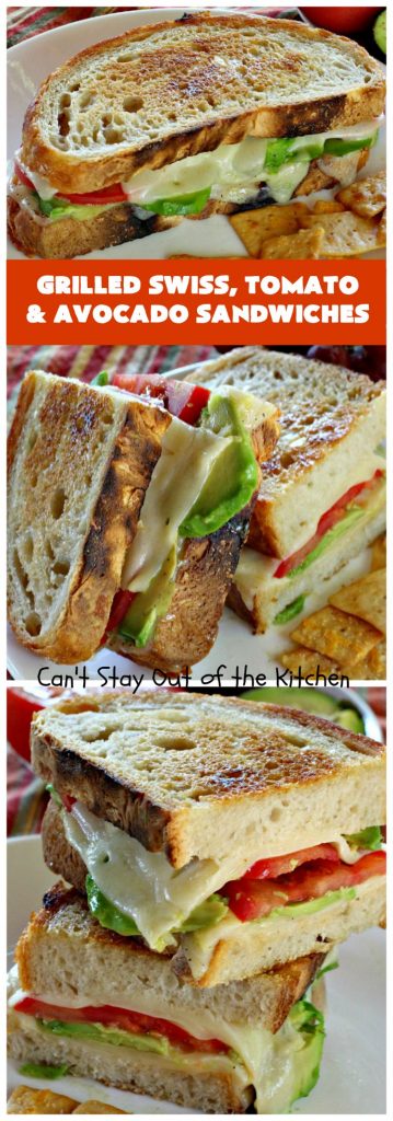 Grilled Swiss, Tomato and Avocado Sandwiches | Can't Stay Out of the Kitchen | these fantastic #sandwiches are always a huge hit when we make them. These are particularly good for a quick weekend lunch or meal when you've been busy with sporting events. Also great for #tailgating parties. #SwissCheese #tomatoes #avocados #MeatlessMonday #GrilledCheeseSandwiches #GrilledSwissTomatoAndAvocadoSandwiches