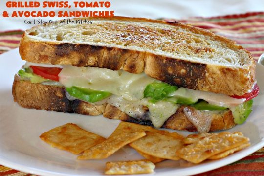 Grilled Swiss, Tomato and Avocado Sandwiches | Can't Stay Out of the Kitchen | these fantastic #sandwiches are always a huge hit when we make them. These are particularly good for a quick weekend lunch or meal when you've been busy with sporting events. Also great for #tailgating parties. #SwissCheese #tomatoes #avocados #MeatlessMonday #GrilledCheeseSandwiches #GrilledSwissTomatoAndAvocadoSandwiches