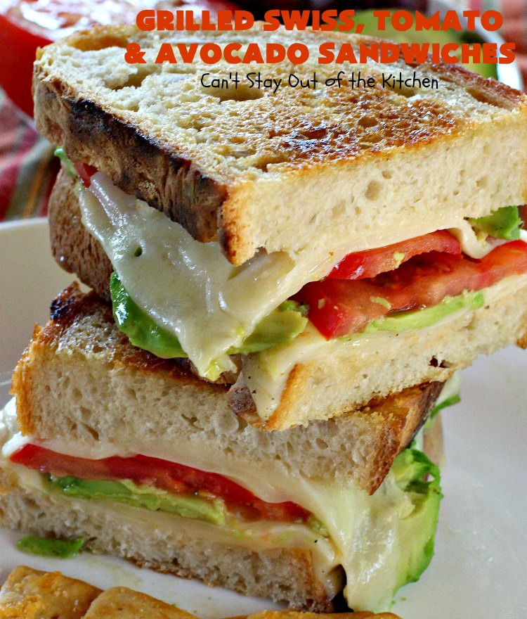 Grilled Swiss, Tomato and Avocado Sandwiches | Can't Stay Out of the Kitchen | these fantastic #sandwiches are always a huge hit when we make them. These are particularly good for a quick weekend lunch or meal when you've been busy with sporting events. Also great for #tailgating parties. #SwissCheese #tomatoes #avocados #MeatlessMonday #GrilledCheeseSandwiches #GrilledSwissTomatoAndAvocadoSandwiches
