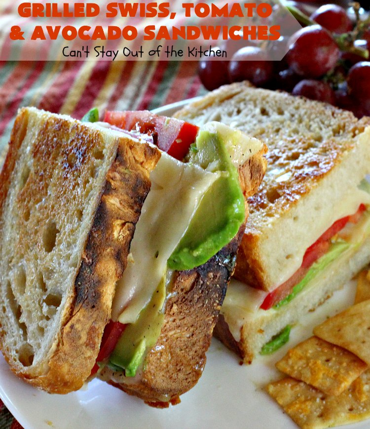 Grilled Swiss, Tomato and Avocado Sandwiches | Can't Stay Out of the Kitchen | these fantastic #sandwiches are always a huge hit when we make them. These are particularly good for a quick weekend lunch or meal when you've been busy with sporting events. Also great for #tailgating parties. #SwissCheese #tomatoes #avocados #MeatlessMonday #GrilledCheeseSandwiches #GrilledSwissTomatoAndAvocadoSandwiches