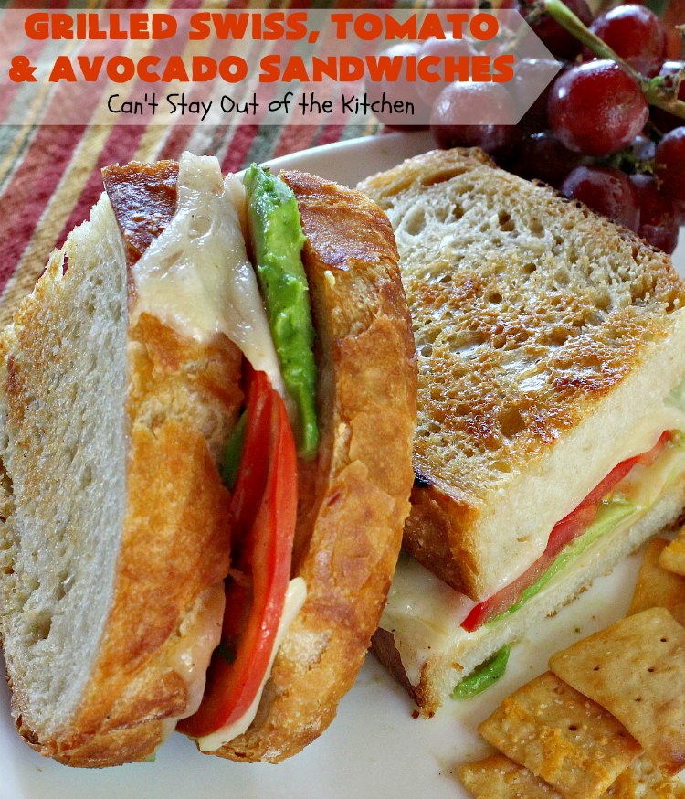 Grilled Swiss, Tomato and Avocado Sandwiches | Can't Stay Out of the Kitchen | these fantastic #sandwiches are always a huge hit when we make them. These are particularly good for a quick weekend lunch or meal when you've been busy with sporting events. Also great for #tailgating parties. #SwissCheese #tomatoes #avocados #MeatlessMonday #GrilledCheeseSandwiches #GrilledSwissTomatoAndAvocadoSandwiches