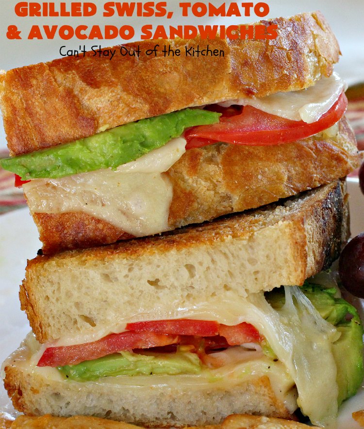 Grilled Swiss, Tomato and Avocado Sandwiches | Can't Stay Out of the Kitchen | these fantastic #sandwiches are always a huge hit when we make them. These are particularly good for a quick weekend lunch or meal when you've been busy with sporting events. Also great for #tailgating parties. #SwissCheese #tomatoes #avocados #MeatlessMonday #GrilledCheeseSandwiches #GrilledSwissTomatoAndAvocadoSandwiches