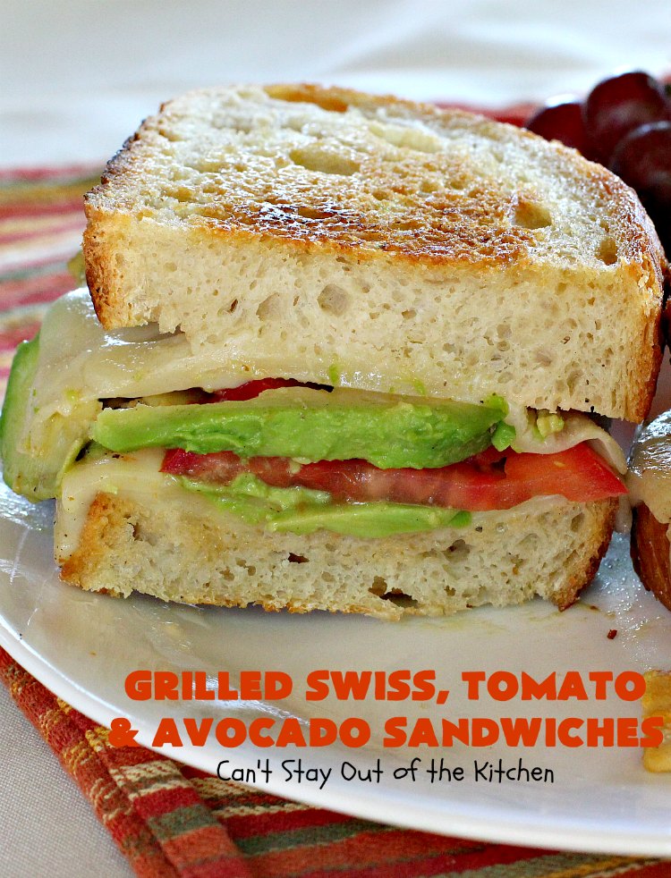 Grilled Swiss, Tomato and Avocado Sandwiches | Can't Stay Out of the Kitchen | these fantastic #sandwiches are always a huge hit when we make them. These are particularly good for a quick weekend lunch or meal when you've been busy with sporting events. Also great for #tailgating parties. #SwissCheese #tomatoes #avocados #MeatlessMonday #GrilledCheeseSandwiches #GrilledSwissTomatoAndAvocadoSandwiches