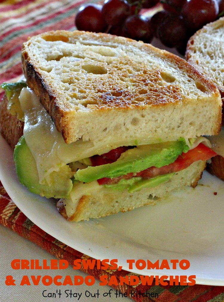 Grilled Swiss, Tomato and Avocado Sandwiches | Can't Stay Out of the Kitchen | these fantastic #sandwiches are always a huge hit when we make them. These are particularly good for a quick weekend lunch or meal when you've been busy with sporting events. Also great for #tailgating parties. #SwissCheese #tomatoes #avocados #MeatlessMonday #GrilledCheeseSandwiches #GrilledSwissTomatoAndAvocadoSandwiches
