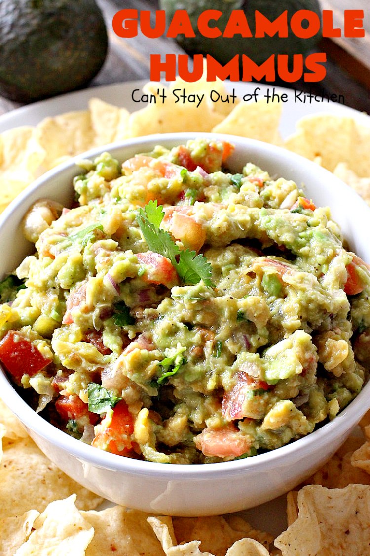 Guacamole Hummus | Can't Stay Out of the Kitchen | this fabulous #appetizer combines the best #guacamole with the best #hummus. It's terrific for #tailgating parties or any potluck. #avocados #chickpeas #vegan #glutenfree