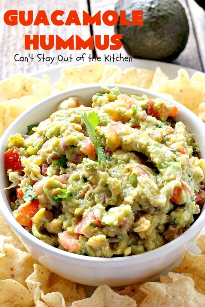 Guacamole Hummus | Can't Stay Out of the Kitchen | this fabulous #appetizer combines the best #guacamole with the best #hummus. It's terrific for #tailgating parties or any potluck. #avocados #chickpeas #vegan #glutenfree