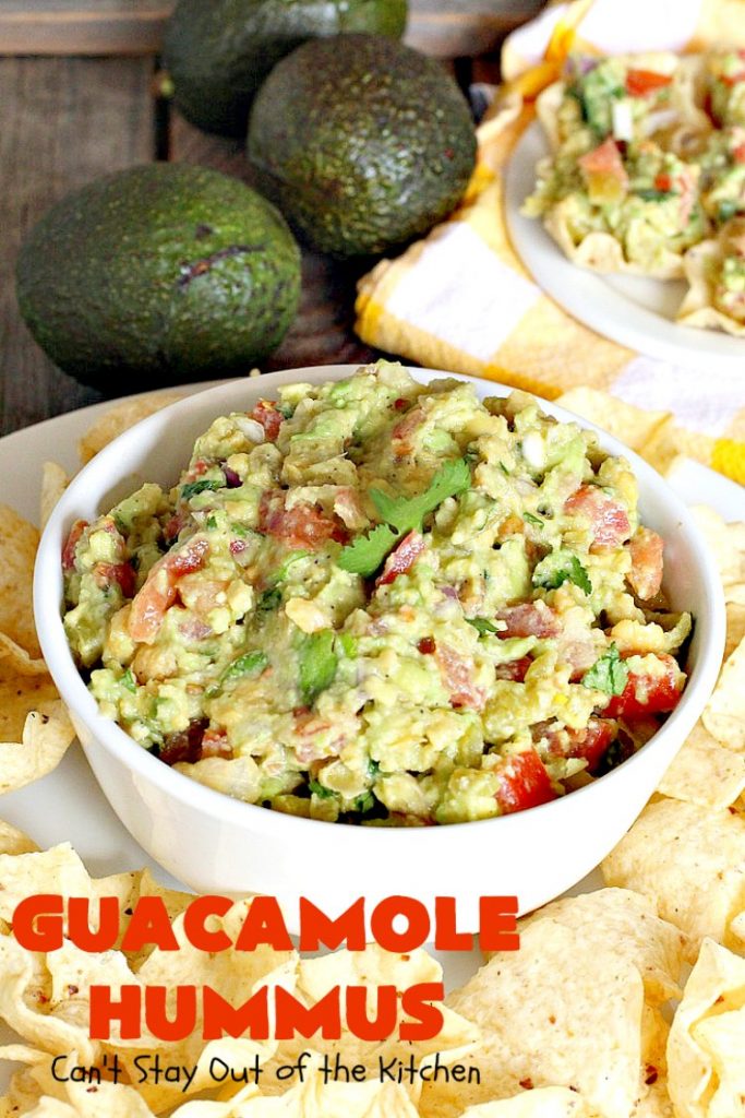 Guacamole Hummus | Can't Stay Out of the Kitchen | this fabulous #appetizer combines the best #guacamole with the best #hummus. It's terrific for #tailgating parties or any potluck. #avocados #chickpeas #vegan #glutenfree