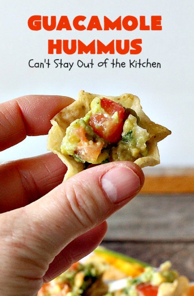 Guacamole Hummus | Can't Stay Out of the Kitchen | this fabulous #appetizer combines the best #guacamole with the best #hummus. It's terrific for #tailgating parties or any potluck. #avocados #chickpeas #vegan #glutenfree
