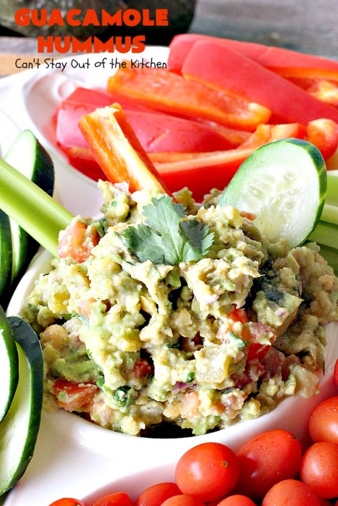 Guacamole Hummus | Can't Stay Out of the Kitchen | this fabulous #appetizer combines the best #guacamole with the best #hummus. It's terrific for #tailgating parties or any potluck. #avocados #chickpeas #vegan #glutenfree