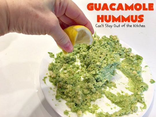 Guacamole Hummus | Can't Stay Out of the Kitchen | this fabulous #appetizer combines the best #guacamole with the best #hummus. It's terrific for #tailgating parties or any potluck. #avocados #chickpeas #vegan #glutenfree