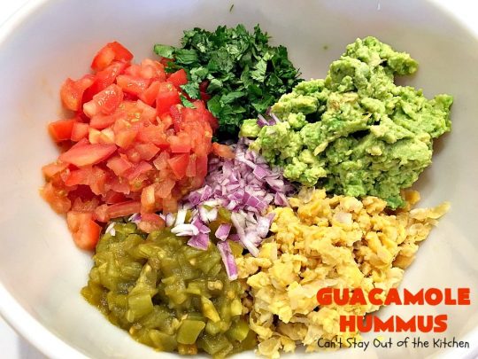 Guacamole Hummus | Can't Stay Out of the Kitchen | this fabulous #appetizer combines the best #guacamole with the best #hummus. It's terrific for #tailgating parties or any potluck. #avocados #chickpeas #vegan #glutenfree