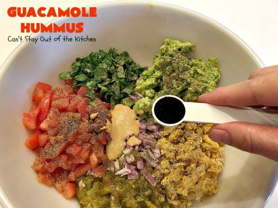 Guacamole Hummus | Can't Stay Out of the Kitchen | this fabulous #appetizer combines the best #guacamole with the best #hummus. It's terrific for #tailgating parties or any potluck. #avocados #chickpeas #vegan #glutenfree