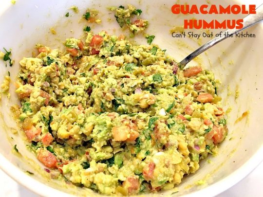 Guacamole Hummus | Can't Stay Out of the Kitchen | this fabulous #appetizer combines the best #guacamole with the best #hummus. It's terrific for #tailgating parties or any potluck. #avocados #chickpeas #vegan #glutenfree