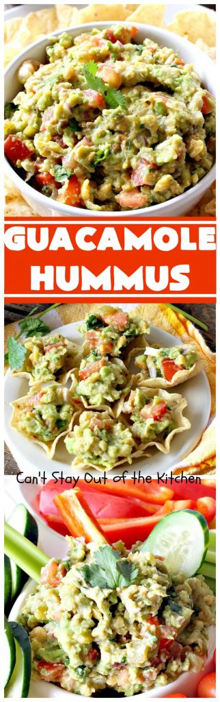 Guacamole Hummus | Can't Stay Out of the Kitchen | this fabulous #appetizer combines the best #guacamole with the best #hummus. It's terrific for #tailgating parties or any potluck. #avocados #chickpeas #vegan #glutenfree