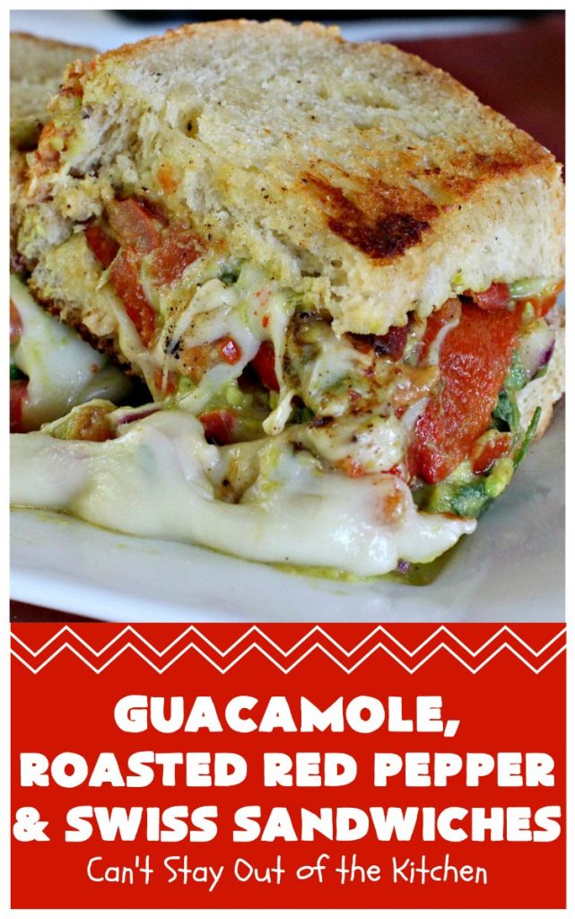 Guacamole, Roasted Red Pepper and Swiss Sandwiches | Can't Stay Out of the Kitchen | fantastic #sandwich featuring homemade #Guacamole, #RoastedRedPeppers & #SwissCheese. Great for #tailgating parties. #TexMex #GuacamoleRoastedRedPepperAndSwissSandwiches