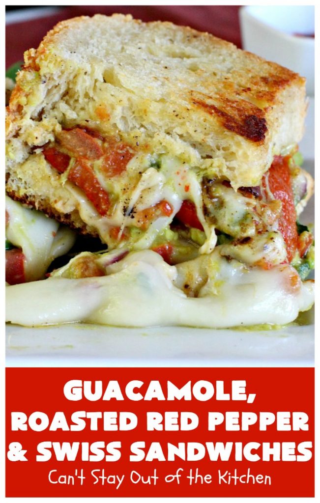 Guacamole, Roasted Red Pepper and Swiss Sandwiches | Can't Stay Out of the Kitchen | fantastic #sandwich featuring homemade #Guacamole, #RoastedRedPeppers & #SwissCheese. Great for #tailgating parties. #TexMex #GuacamoleRoastedRedPepperAndSwissSandwiches