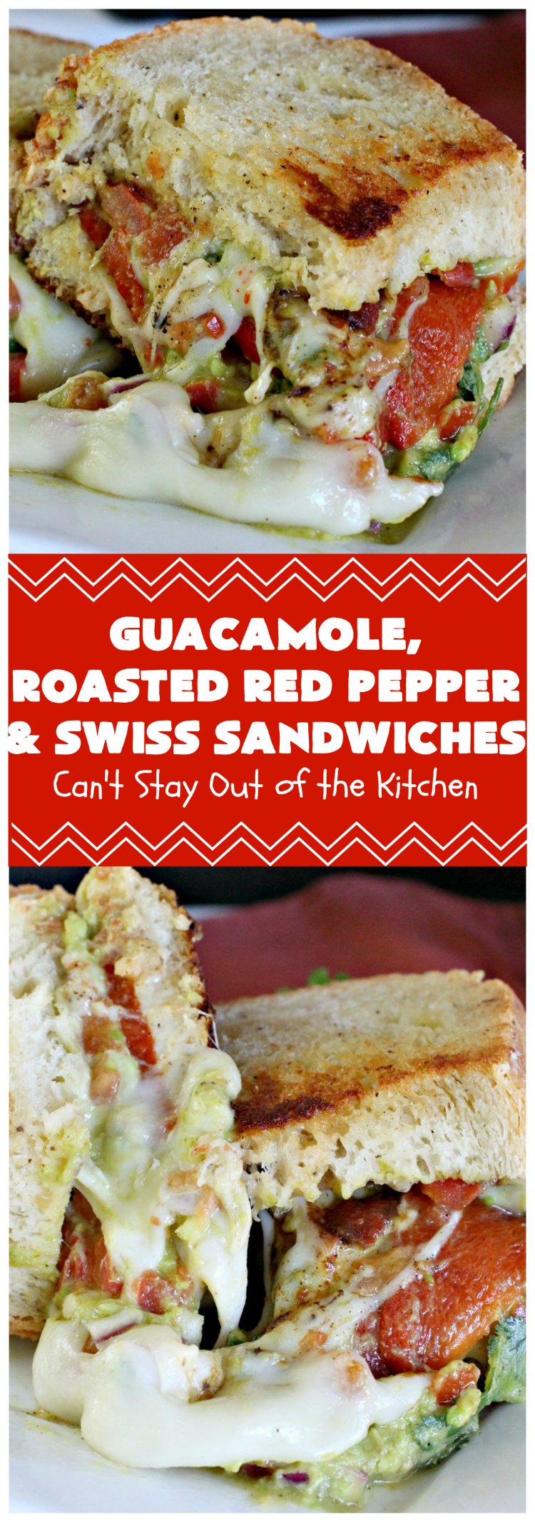 Guacamole, Roasted Red Pepper and Swiss Sandwiches | Can't Stay Out of the Kitchen | fantastic #sandwich featuring homemade #Guacamole, #RoastedRedPeppers & #SwissCheese. Great for #tailgating parties. #TexMex #GuacamoleRoastedRedPepperAndSwissSandwiches