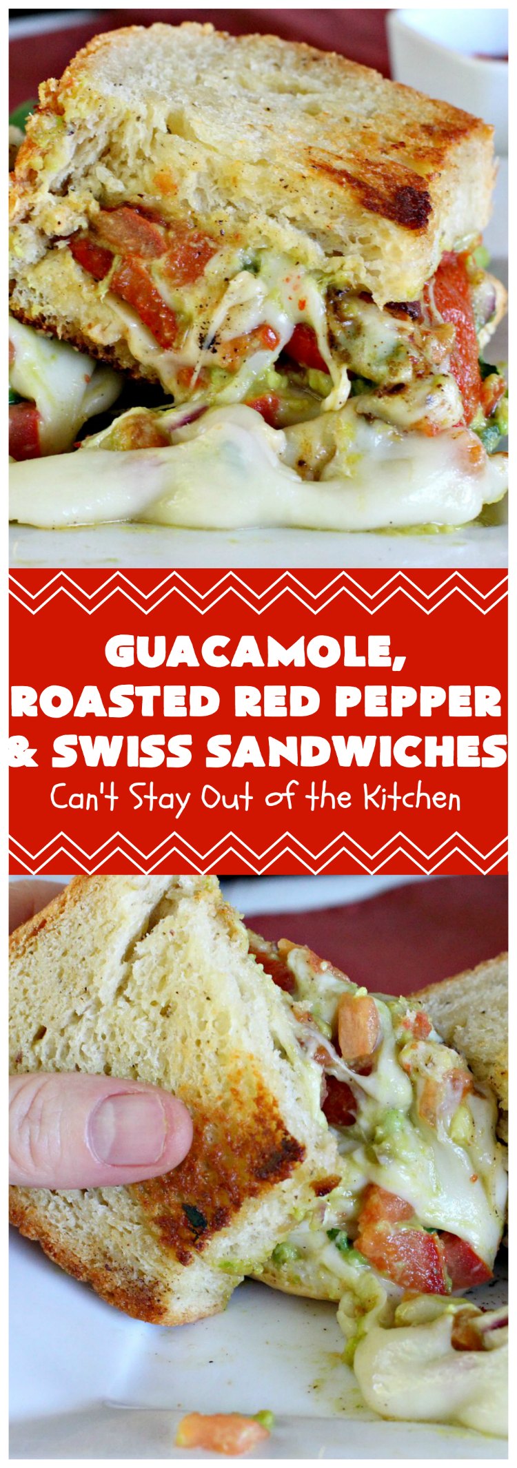 Guacamole, Roasted Red Pepper and Swiss Sandwiches | Can't Stay Out of the Kitchen | fantastic #sandwich featuring homemade #Guacamole, #RoastedRedPeppers & #SwissCheese. Great for #tailgating parties. #TexMex #GuacamoleRoastedRedPepperAndSwissSandwiches
