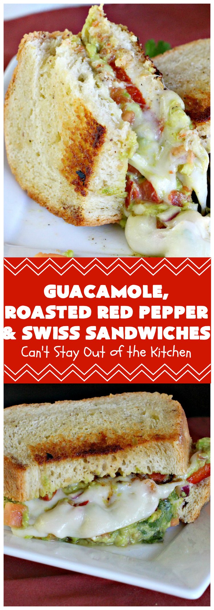 Guacamole, Roasted Red Pepper and Swiss Sandwiches | Can't Stay Out of the Kitchen | fantastic #sandwich featuring homemade #Guacamole, #RoastedRedPeppers & #SwissCheese. Great for #tailgating parties. #TexMex #GuacamoleRoastedRedPepperAndSwissSandwiches
