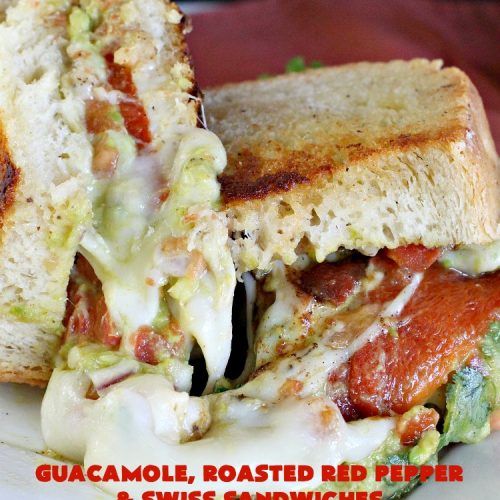 Guacamole, Roasted Red Pepper and Swiss Sandwiches | Can't Stay Out of the Kitchen | fantastic #sandwich featuring homemade #Guacamole, #RoastedRedPeppers & #SwissCheese. Great for #tailgating parties. #TexMex #GuacamoleRoastedRedPepperAndSwissSandwiches