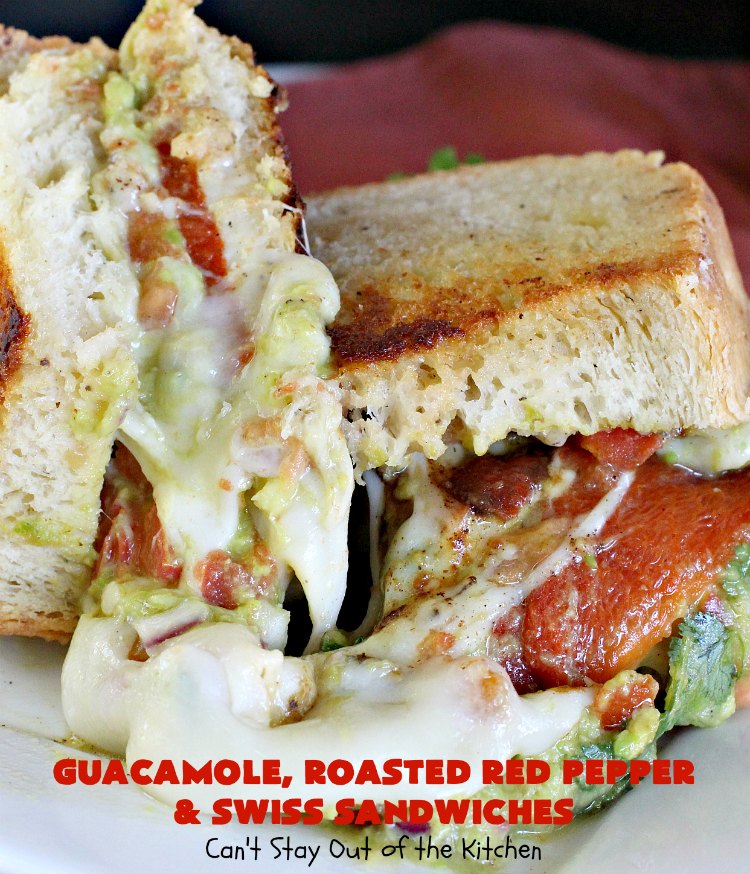 Guacamole, Roasted Red Pepper and Swiss Sandwiches | Can't Stay Out of the Kitchen | fantastic #sandwich featuring homemade #Guacamole, #RoastedRedPeppers & #SwissCheese. Great for #tailgating parties. #TexMex #GuacamoleRoastedRedPepperAndSwissSandwiches