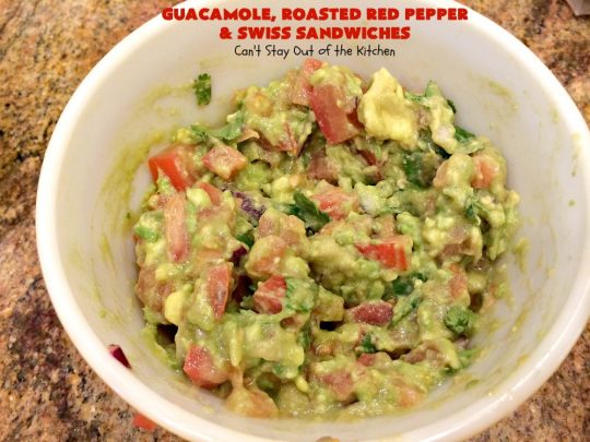 Guacamole, Roasted Red Pepper and Swiss Sandwiches | Can't Stay Out of the Kitchen | fantastic #sandwich featuring homemade #Guacamole, #RoastedRedPeppers & #SwissCheese. Great for #tailgating parties. #TexMex #GuacamoleRoastedRedPepperAndSwissSandwiches