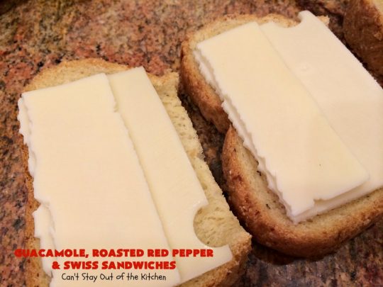 Guacamole, Roasted Red Pepper and Swiss Sandwiches | Can't Stay Out of the Kitchen | fantastic #sandwich featuring homemade #Guacamole, #RoastedRedPeppers & #SwissCheese. Great for #tailgating parties. #TexMex #GuacamoleRoastedRedPepperAndSwissSandwiches