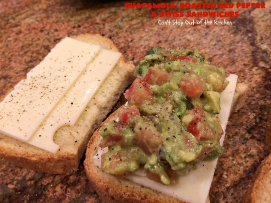 Guacamole, Roasted Red Pepper and Swiss Sandwiches | Can't Stay Out of the Kitchen | fantastic #sandwich featuring homemade #Guacamole, #RoastedRedPeppers & #SwissCheese. Great for #tailgating parties. #TexMex #GuacamoleRoastedRedPepperAndSwissSandwiches