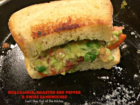 Guacamole, Roasted Red Pepper and Swiss Sandwiches | Can't Stay Out of the Kitchen | fantastic #sandwich featuring homemade #Guacamole, #RoastedRedPeppers & #SwissCheese. Great for #tailgating parties. #TexMex #GuacamoleRoastedRedPepperAndSwissSandwiches